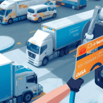 Fuel pump with fleet trucks visible.