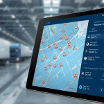 app-based fleet management solutions with a lorry in the background and software with tracking software at the front