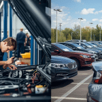 image of car repair garage with a mechanic and also car dealership on the right for motor trade insurance