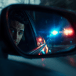 a car driver driving and looking in his mirror to see uk police lights in the rear due to a driving conviction