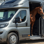 a motorised horsebox with the private owner and the horse