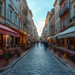 a street full of restaurants and cafes