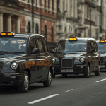 different size taxis in a line driving