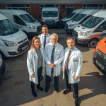 doctors stood in front of the healthcare centres fleet of vehicles