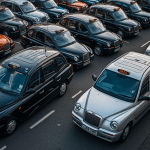 fleet of taxis in a street in the uk awaiting for fleet insurance for the taxi business