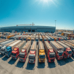 image of a large fleet parked in rows in a large warehouse