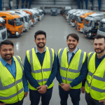 managers in front of the fleet vehicles in the depot with comprehensive fleet insurance