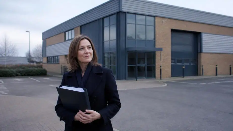 Property owner holding a folder outside a commercial unit on a business park