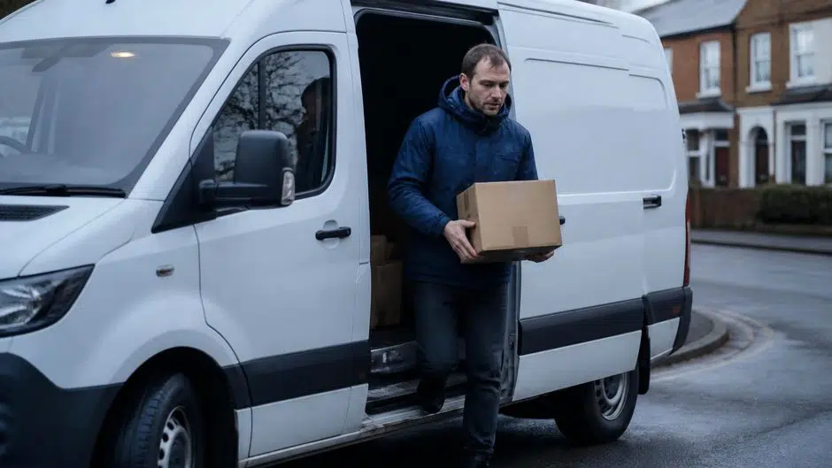 Courier driver carrying a parcel from a white delivery van on a residential street