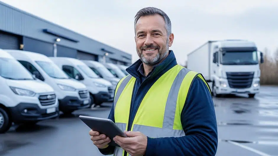 Fleet manager with a tablet in front of company vans and a lorry at a business depot