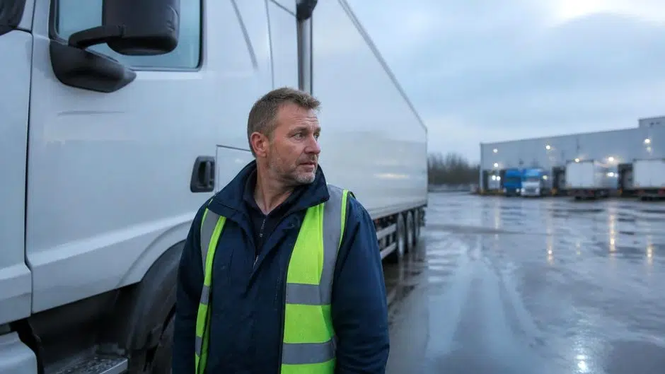 HGV driver in a hi-vis vest beside the cab of a white articulated lorry at a haulage yard