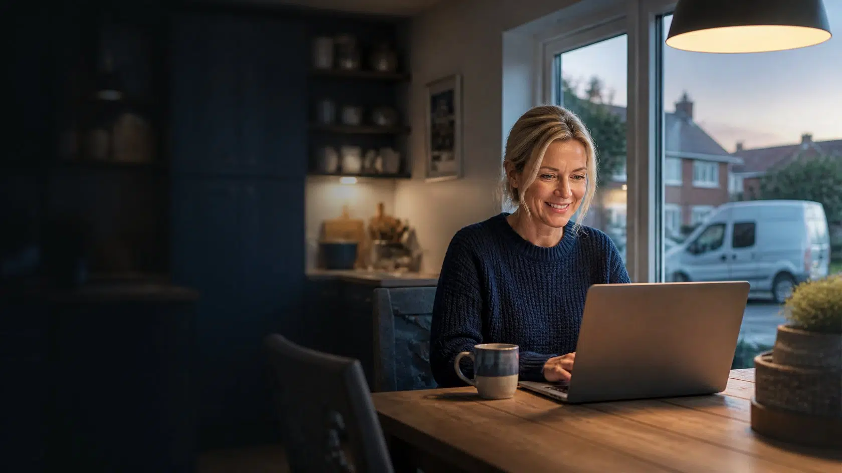 Woman at her kitchen table comparing insurance quotes on a laptop, with her van parked outside