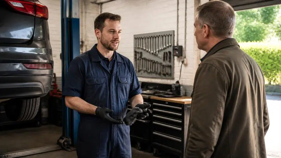 Mechanic in overalls talking to a customer inside a small independent garage workshop, with a car raised on a lift beside them