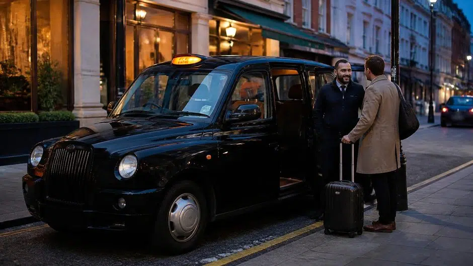 Black cab driver standing by the open door of his taxi, chatting to a passenger with a suitcase on a city street at dusk